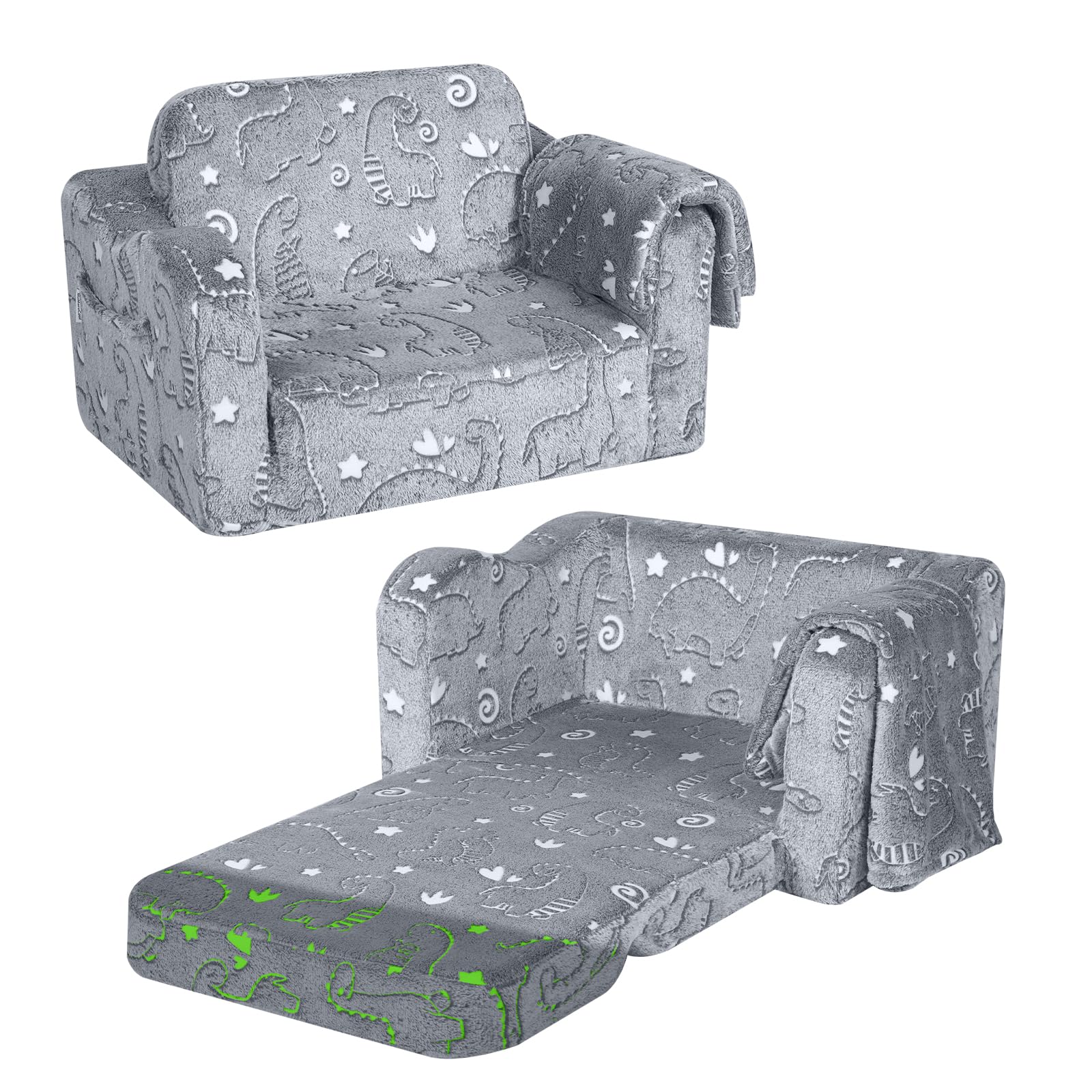 MeMoreCool Toddler Couch That Fold Out, Kids Chair, Comfy Baby Couch Sofa Convertible to Lounge for Playroom (Glowing Dinosaur)